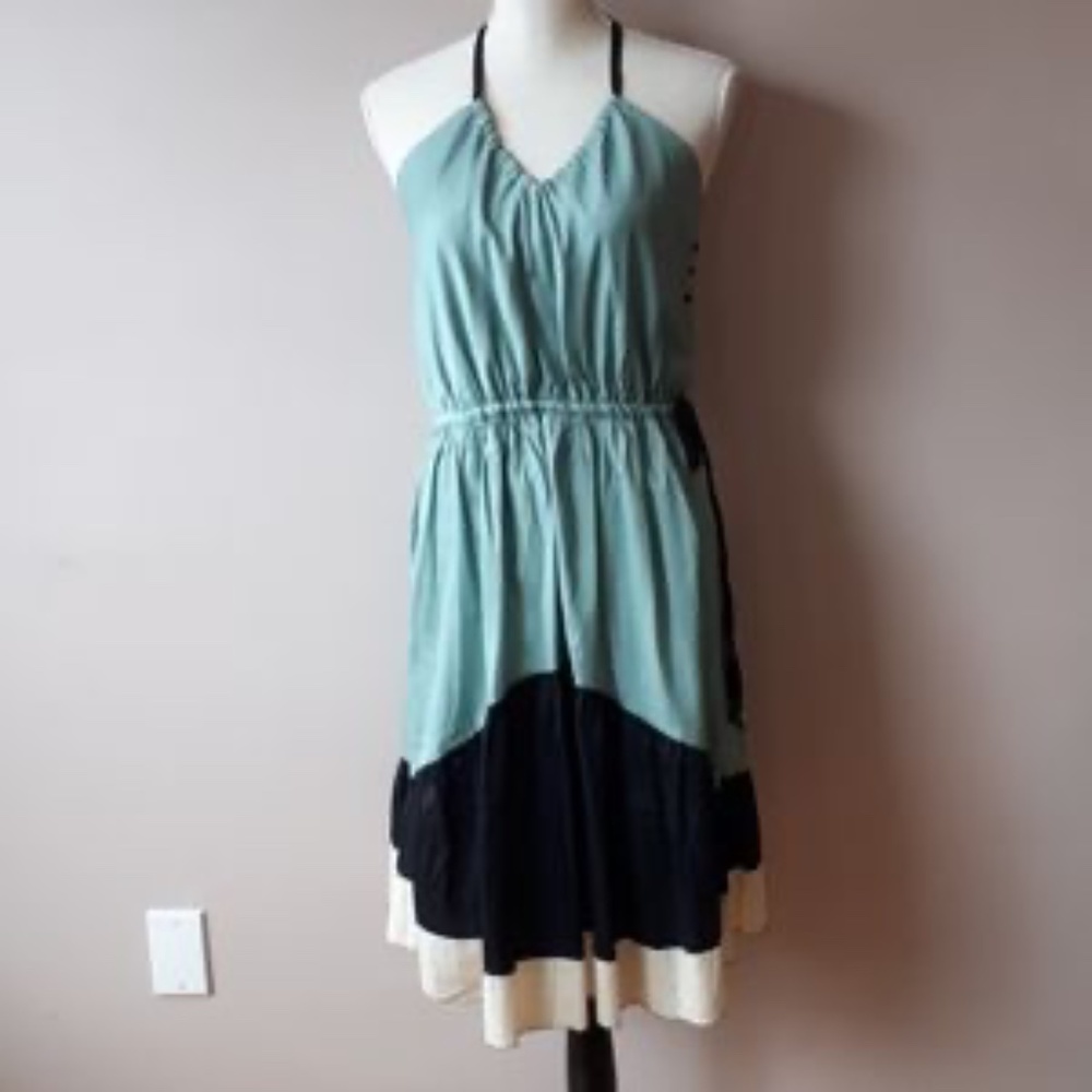NWT Hoss Intropia  Coastal Medium  Sage Green/ Black Designer Halter Dress